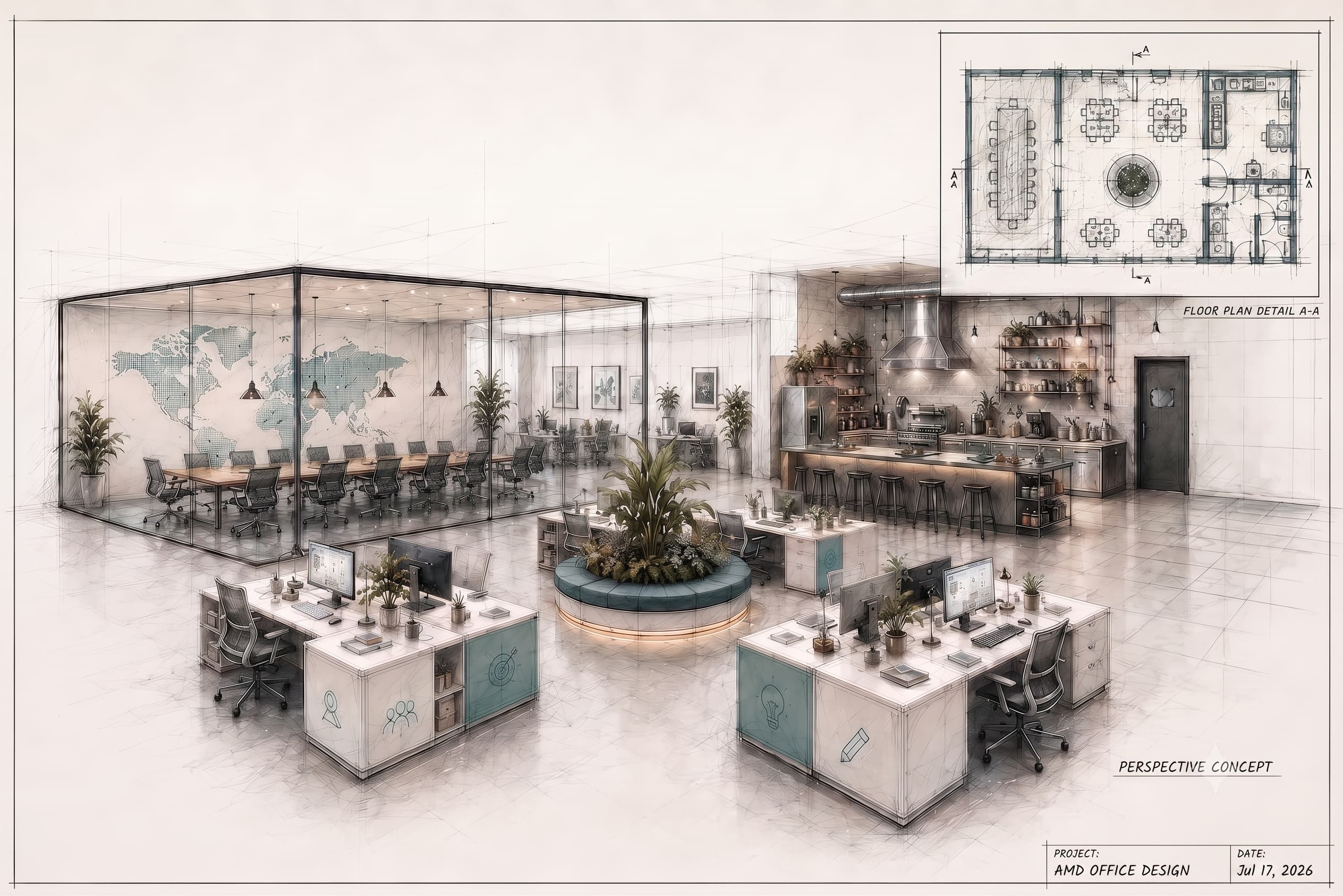 Blueprint sketch of the future Lawrence MA design studio